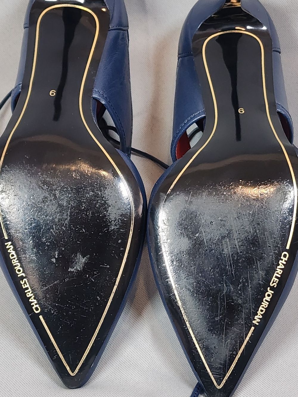 Charles Jourdan India Pump Navy Pointed Lace-Up Heels with Red Interior - Picture 11 of 13